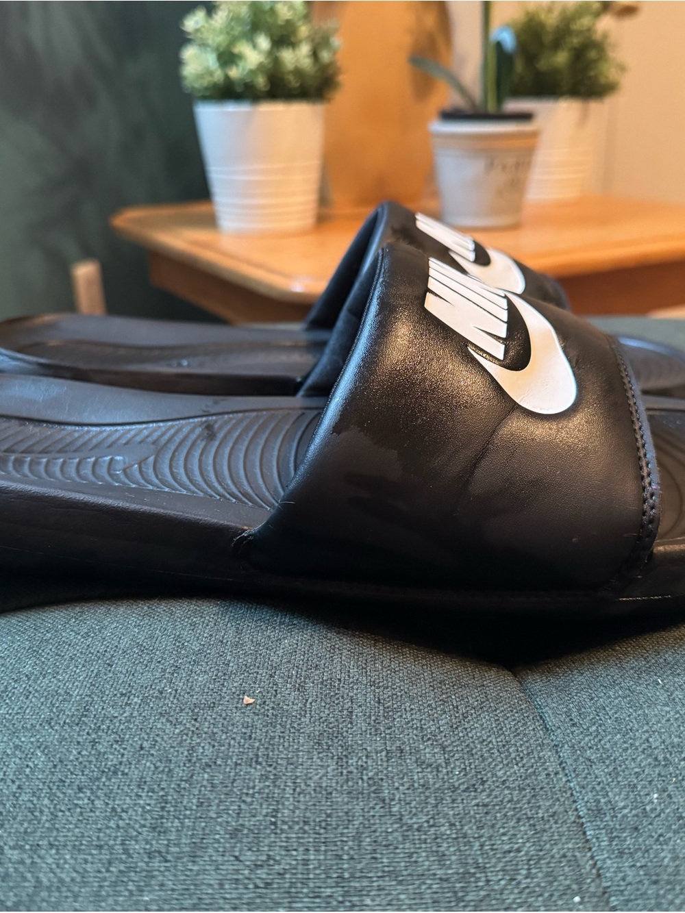 Nike Black Slide Sandals with White Swoosh Logo
